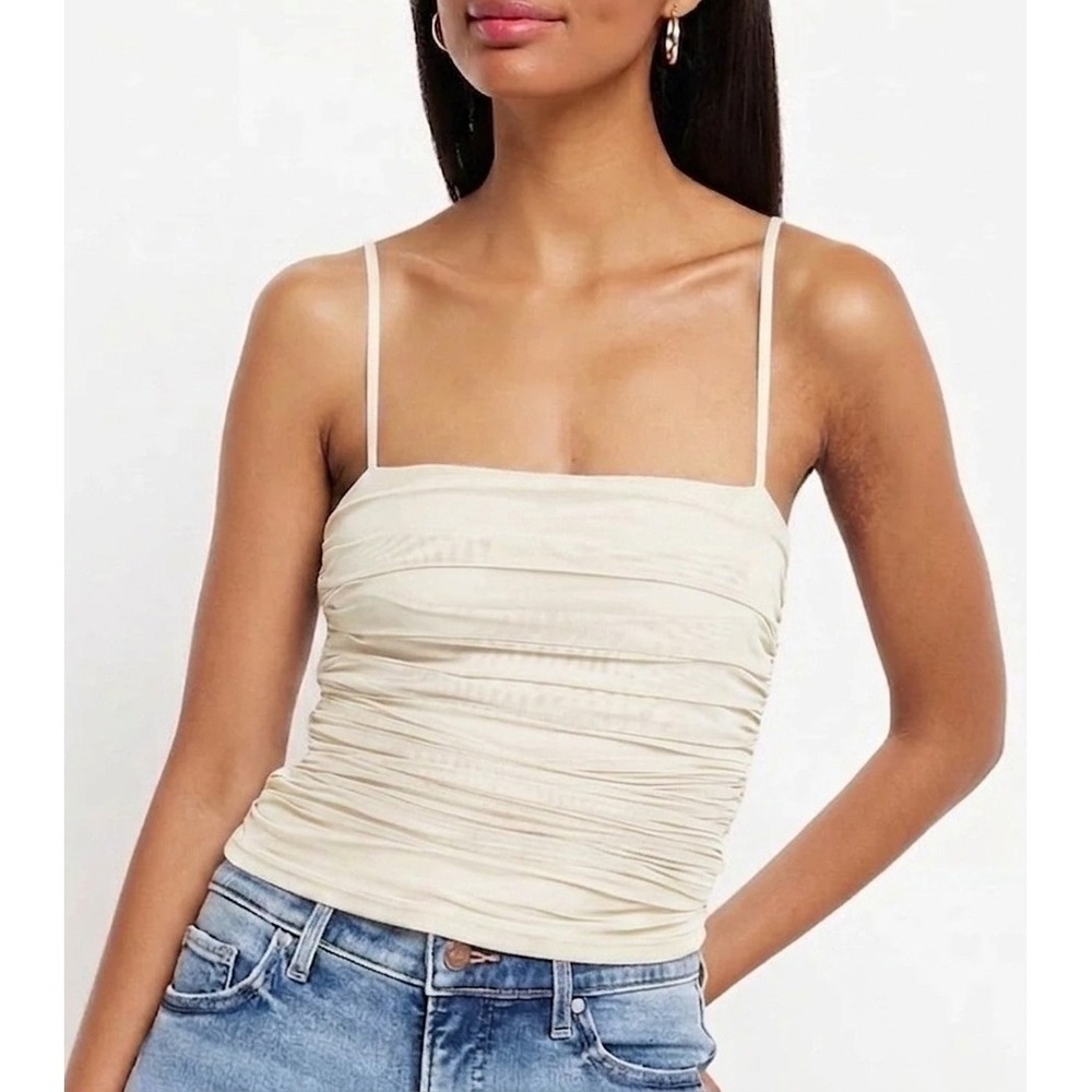 Express Mesh Square Neck Ruched Cropped Cami Cream Women Size Small Body Contour